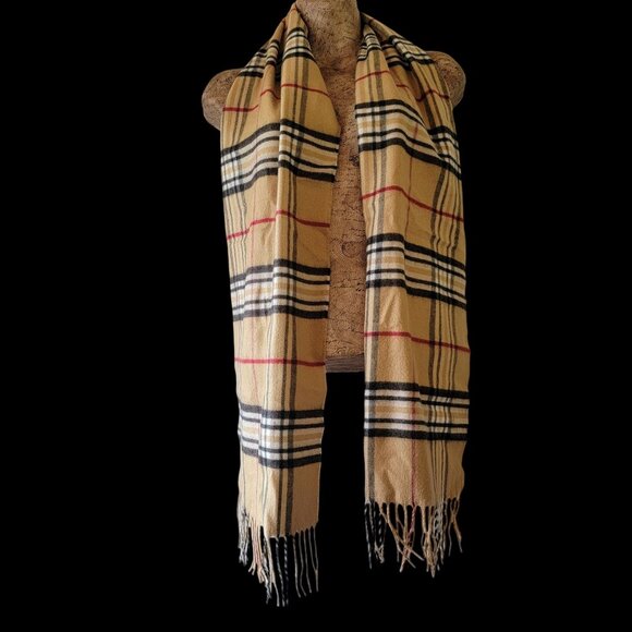 Preston & York Tan Preppy Dark Academia  Plaid Winter Scarf With Fringe - Picture 1 of 8